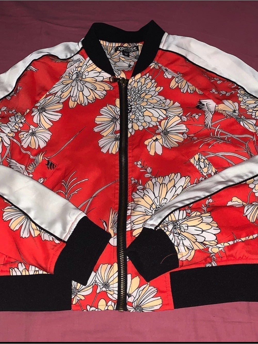 Express Red Floral Satin Bomber Jacket with White Sleeve Stripes